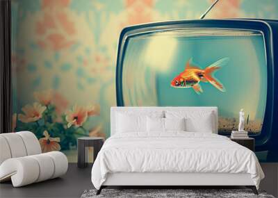 Retro television set with a red goldfish swimming inside in water as in an aquarium Wall mural