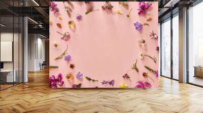 Summer background with essential oils, frankincense, herbs and flowers Wall mural