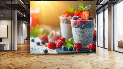 Two cups of chia pudding with fresh berries Wall mural