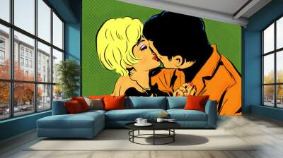 pop art couple amour rétro un homme qui embrasse une femme timide Wall mural