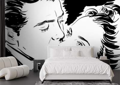 portrait gros plan couple glamour, amoureux, croquis noir et blanc (encrage) Wall mural