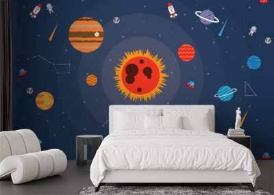 Space vector background with astronaut, rocket, spaceship,sun, moon,ufo, planets and stars. Wall mural