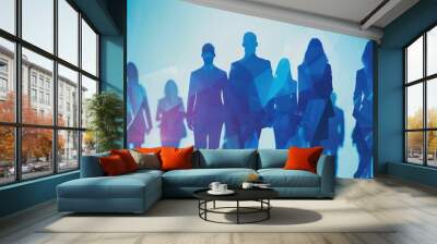 business people and women future technology silhouettes in blue suits standing together, future technology Wall mural