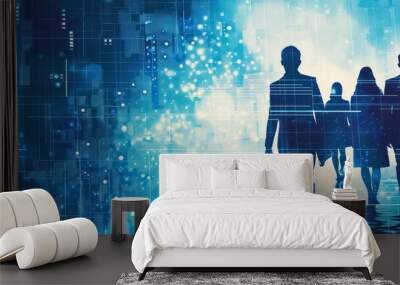 business people silhouettes standing together, blue light, future technology  Wall mural