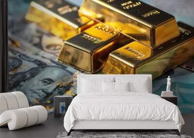 Gold bars over banknotes background Wall mural