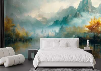 Mountains in soft grey and metallic shades, contrasted by a dark sky-blue and light beige, depicting an enigmatic tropical setting. Wall mural