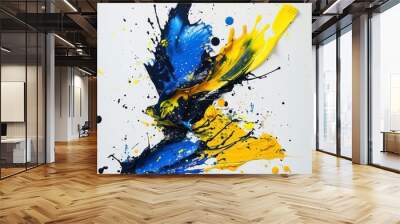 yellow and blue splatters and drops of paint, blending colors for a striking and energetic visual effect Wall mural