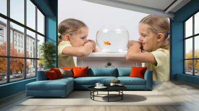 The girls watching the behavior of goldfish Wall mural