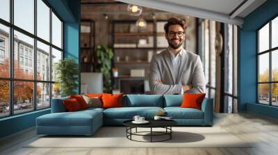 happy business man listening to a discussion in an office office Wall mural