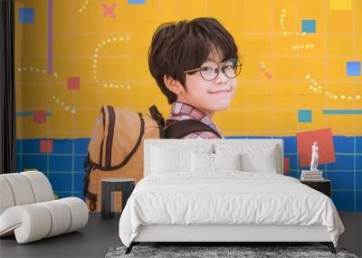 happy school kid posing creative illustration style background Wall mural