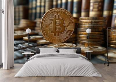 Bitcoin Coin with Tax Message Concept on Low Resolution Background Wall mural