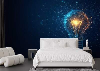 Electric light bulb bright polygonal connections on a dark blue background. Technology concept innovation artificial intelligence brainstorming business success Wall mural