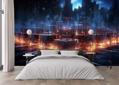 Glowing Blue Digital Landscape with Cube Particle Wall mural