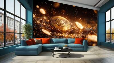 Shiny Gold Bitcoin Coins in Motion on Black Background - Digital Currency Concept Image Wall mural