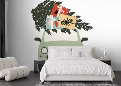 Christmas car with gifts boxes and fir trees. Winter holiday new year season card. Vector illustration in hand drawn cartoon flat style Wall mural