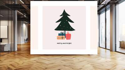 Christmas mood greeting card poster template. Welcome winter season xmas holiday invitation. Minimalist postcard christmas tree, gifts, balls. Vector illustration in hand drawn flat style Wall mural