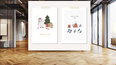 Collection of Christmas greeting cards with xmas decor, Santa Claus, tree, animals, gifts, map. Winter season cute holiday posters. Vector abstract illustration in doodle hand drawn flat style Wall mural