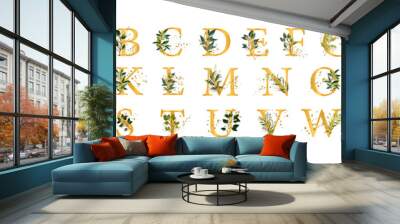 Golden floral alphabet font uppercase letters with flowers leaves gold splatters Wall mural