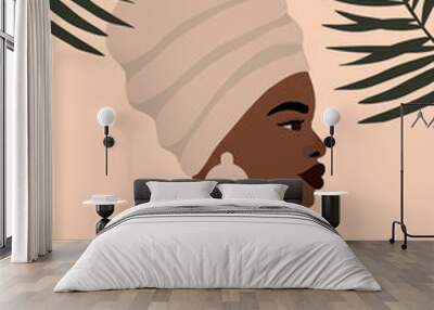 Modern young african american black woman portrait. Fashion minimal trendy female face with dark skin. Trendy minimal poster print. Vector hand drawn illustration Wall mural