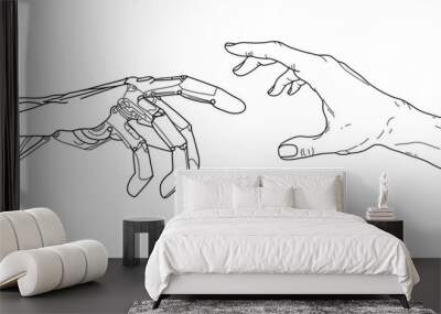 Robot hand touch human sketch. Technology artificial arm of future touching human arm line art. Digital computer creation concept. Science tech vector illustration in black outline style Wall mural