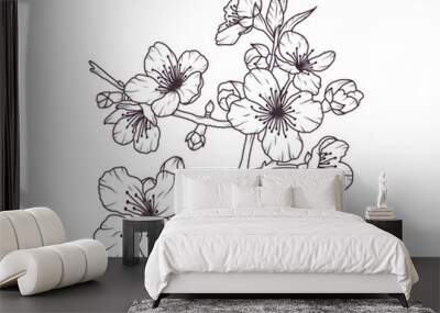 Sakura flower branch hand drawn black floral sketch. Cherry blossom japanese twigs line art. Spring botanical petal, leaves. Bloom asian plant vector illustration in outline style Wall mural