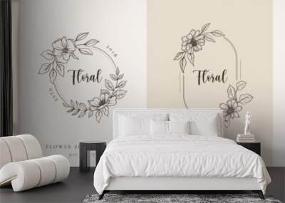 Set of botanical floral line art logo template. Black line art flowers hand drawn monogram frames, wreaths with leaves. Vector illustration for wedding invitation save the date cards, flower shop Wall mural