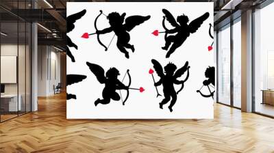 Set of cherub silhouette Valentines day. Cute cupid angels with wings, arrows and bows isolated on white background. Vector illustration Wall mural