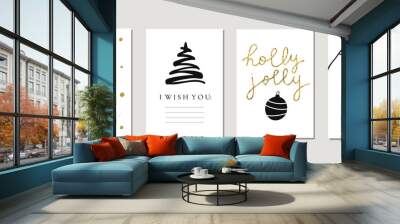 Set of christmas new year winter holiday cute golden greeting cards with gold texture objects. Vector abstract trendy illustration in minimalistic black white hand drawn flat style Wall mural