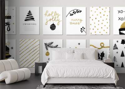 Set of christmas new year winter holiday cute greeting cards with gold texture objects. Vector abstract trendy illustration in minimalistic hand drawn flat style Wall mural