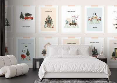 Set of christmas new year winter holiday greeting cards with xmas decoration. Vector illustration posters in hand drawn cartoon flat style Wall mural