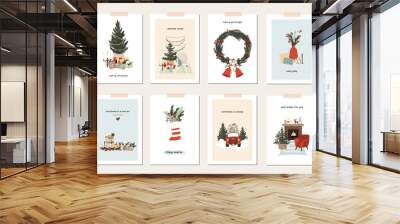 Set of christmas new year winter holiday greeting cards with xmas decoration. Vector illustration posters in hand drawn cartoon flat style Wall mural