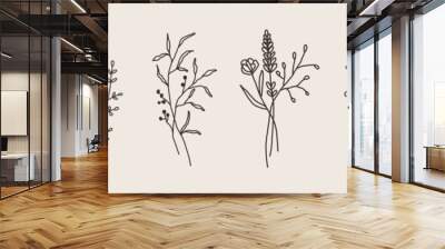 Set of flower line art bouquets. Floral sketch plant. Spring hand drawn leaf. Minimal floral abstract leaves design. Wedding logo. Vector illustration in outline style Wall mural