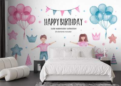 Set of watercolor happy birthday elements balloos girl boy and cake Wall mural