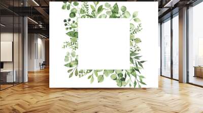 Watercolor geometrical frame with greenery leaves branch twig plant herb flora isolated on white background. Botanical spring summer leaf decorative illustration for wedding invitation card Wall mural