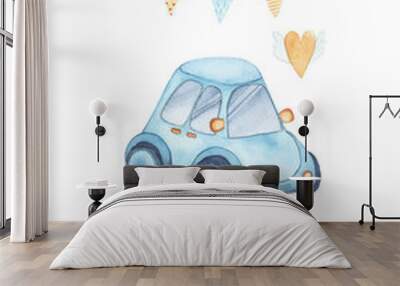 Watercolor its baby boy shower with cute blue car auto garland Wall mural