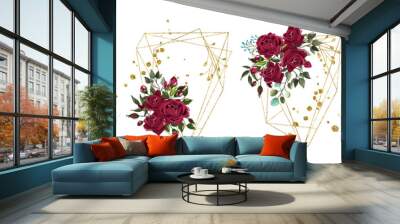 Wedding floral golden geometric triangular frame with bordo flowers roses Wall mural