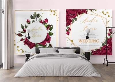 Wedding floral golden invitation card save the date design with bordo navy blue roses Wall mural