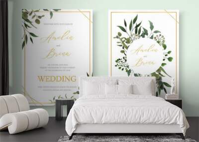 Wedding floral golden invitation card save the date design with green tropical leaf Wall mural