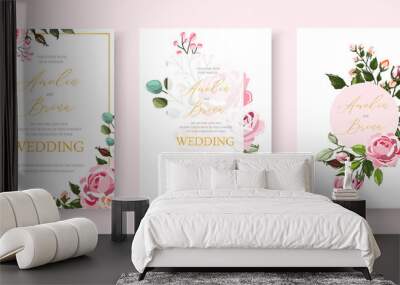 Wedding floral golden invitation card save the date design with pink flowers Wall mural