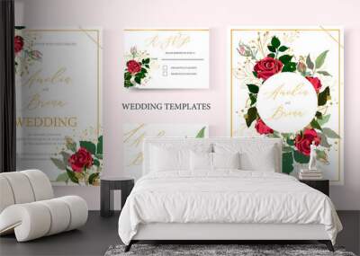 Wedding floral golden invite card save the date design with red flower roses and green leaves wreath and frame. Botanical elegant decorative vector template in watercolor style Wall mural