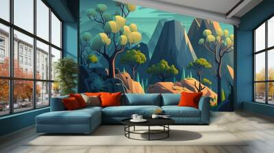 Landscape of a forest with trees, stones, road and small flowers And a clear sky Wall mural