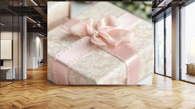 Elegant gift box beautifully wrapped with a pink ribbon, set against a soft floral background for special occasions Wall mural