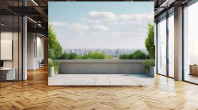 3D display podium. Rooftop garden 3D background, green terrace podium display with lush plants, flowers, and panoramic city views. Urban oasis setting for cosmetic product presentation. Generative ai. Wall mural