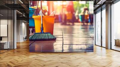 Close - up of a worker's hands holding a cleaning brush and mop, representing the labor in janitorial and custodial services on Labor Day. Wall mural