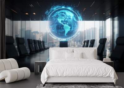 Holographic Globe Displaying Global Connectivity in Futuristic Boardroom Wall mural