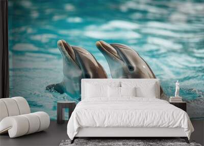 A pair of beautiful dancing dolphins in the water Wall mural