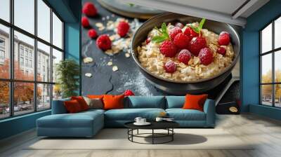 Oatmeal with raspberries and mint in a bowl on a black background Wall mural