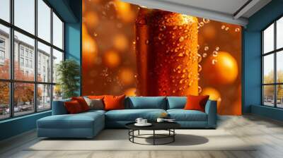 Orange plain soft-drink can Floating with splashing water drops, fresh Oranges in the air with orange background Wall mural