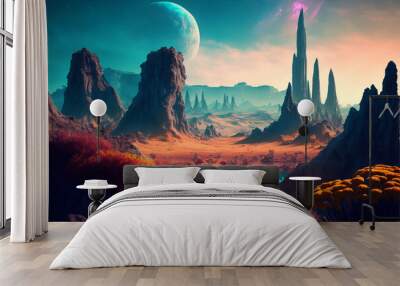 A colorful alien landscape, the fantastic nature of a distant alien planet. Generative AI illustration Wall mural