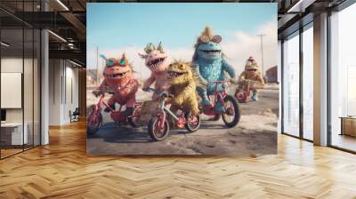 A group of cute scary ugly nightmare alien monsters having fun riding a bicycle. Generative AI illustration	 Wall mural